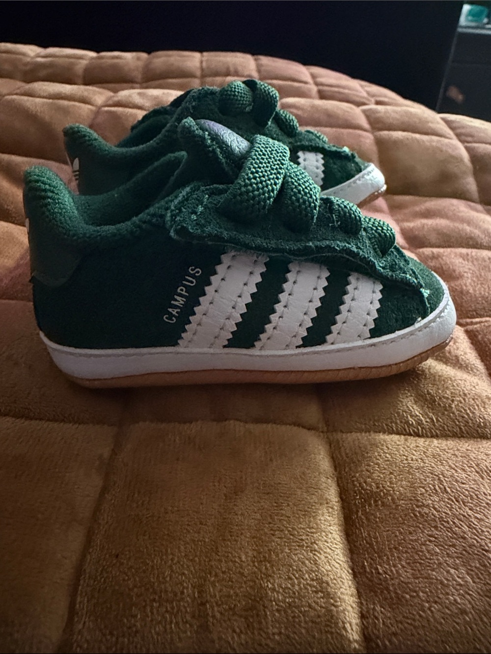 Size 1 soft bottoms- adidas Kids Green and White Campus Suede Sneakers